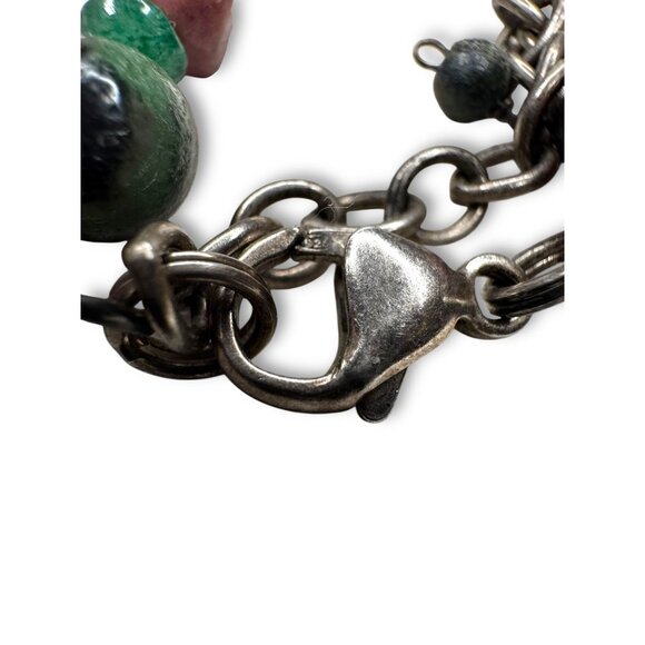 Sterling Silver Multi Gemstone Necklace Emerald Ruby Jasper Pearl 18 Inch - Picture 4 of 7